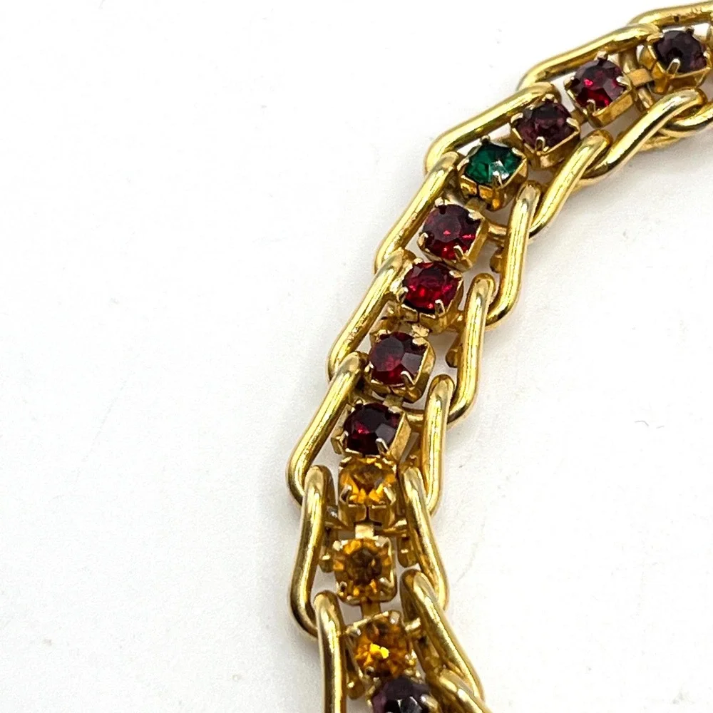 Vintage Rainbow Crystal Rhinestone Multicolor Gold Tone Chain Link Bracelet 6.5